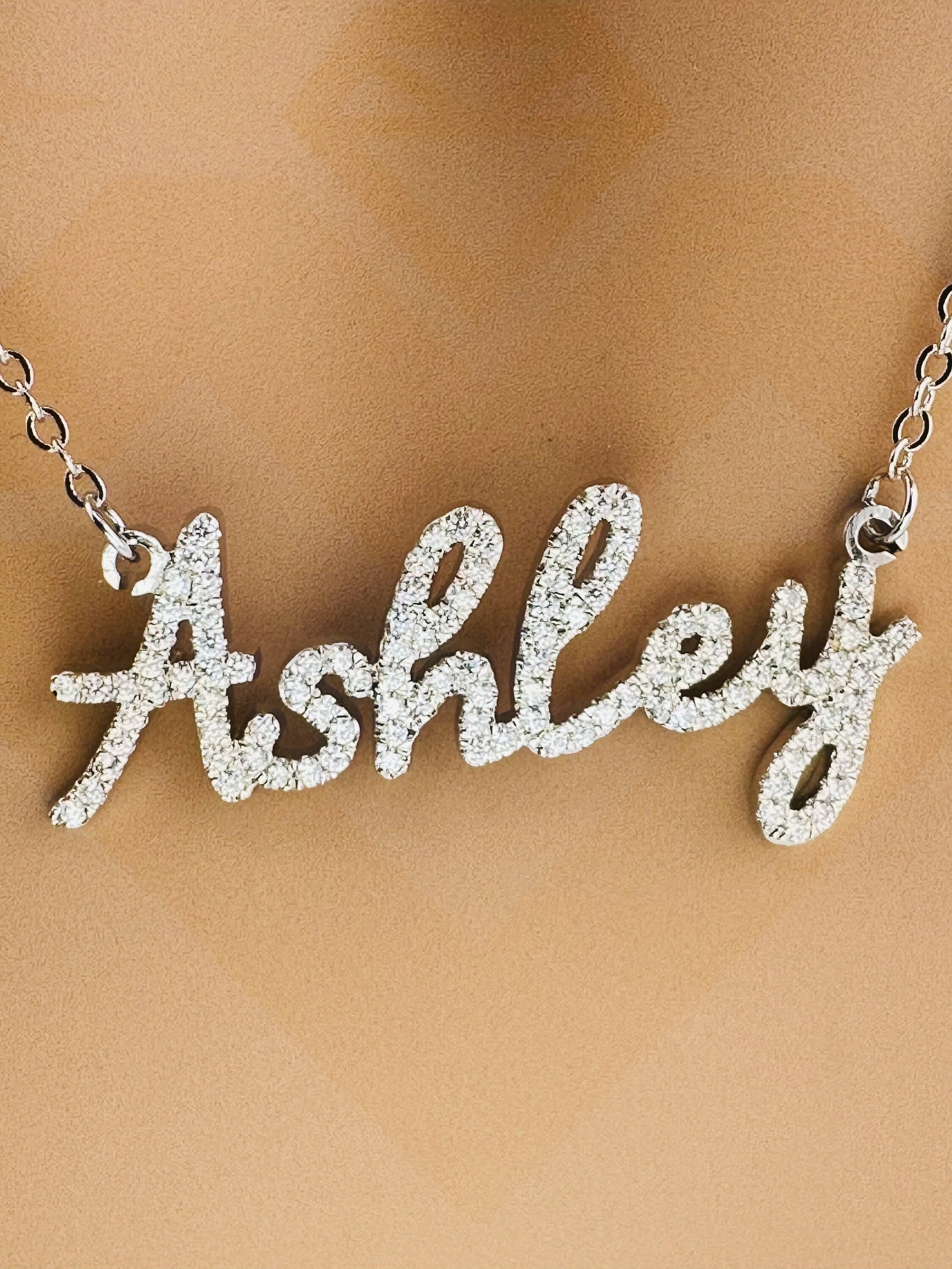 10k White Gold Vermeil Simulated Diamond Ashely name pendant, personalized name pendant, custom Name plate jewelry, Birthday, Anniversary