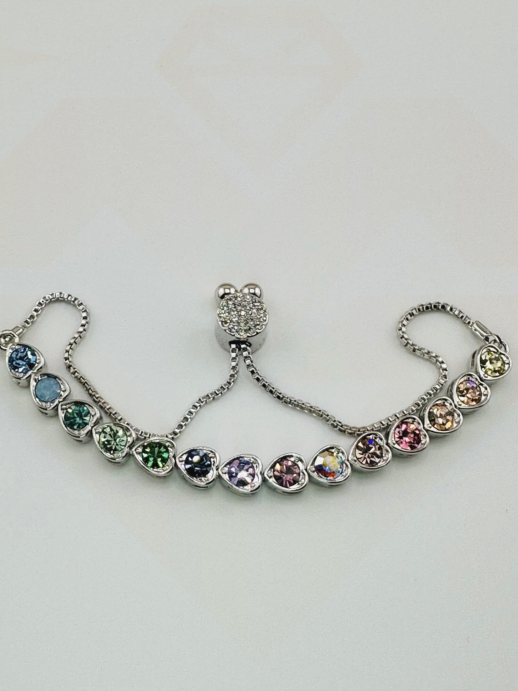 White Gold Vermeil Stunning Multi-Color Bolo Bracelet w/ Swarovski Crystals - A Radiant Gift for Her Anniversary Birthday - Adjustable Bolo